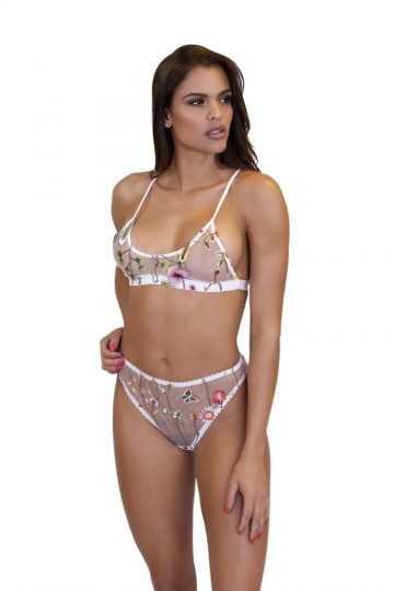 Bra and tanga lingerie set in embroidered effect voile, white