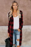 Long red and black checked cardigan