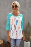 Feather print 3/4 sleeve t-shirt,turquoise