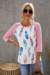 Feather print 3/4 sleeve t-shirt, pink