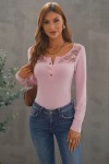 Long-sleeved pink t-shirt with lace on the top