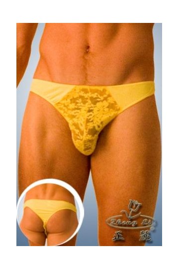 Yellow thong, with fine lace on the front.