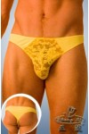 Yellow thong, with fine lace on the front.