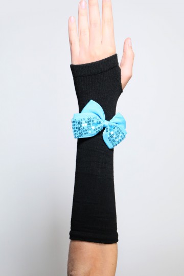Pair of black mittens, long with bows of different colors
