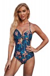 Blue and orange one-piece swimsuit with flowers