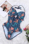 Blue and orange one-piece swimsuit with flowers