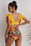 Yellow high waisted swimsuit with flowers