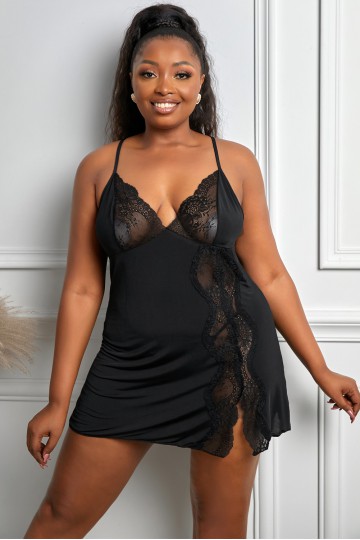 Plus size black babydoll with black lace