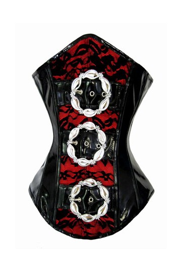 Gothic corset with faux leather inserts, black and red
